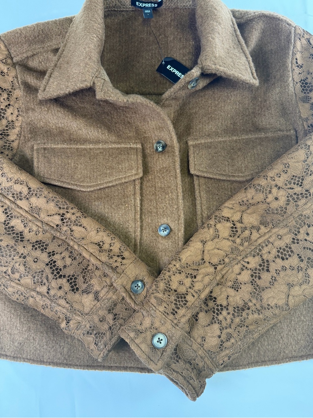 Express - Chic Brown Woven Lace-Sleeve Cropped Jacket NWT -Date night ready L - Picture 12 of 16